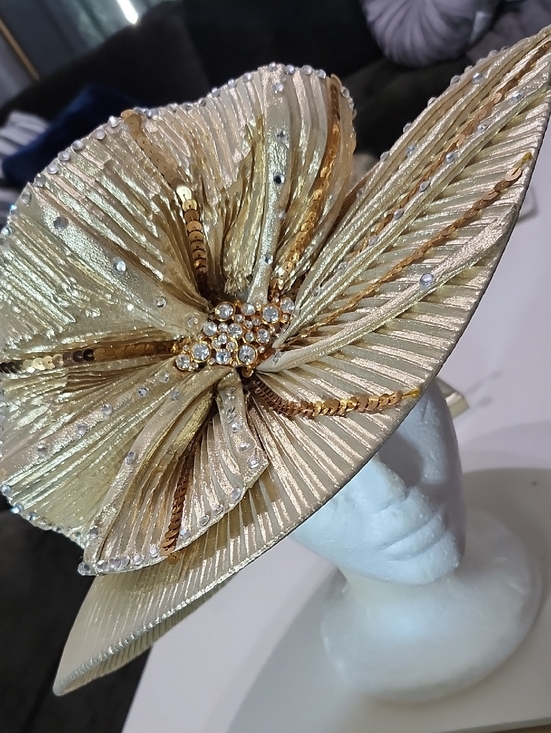 Elegant Gold Pleated Wide-Brim Floral Statement Hat Sequin Rhinestones O/S main image 6